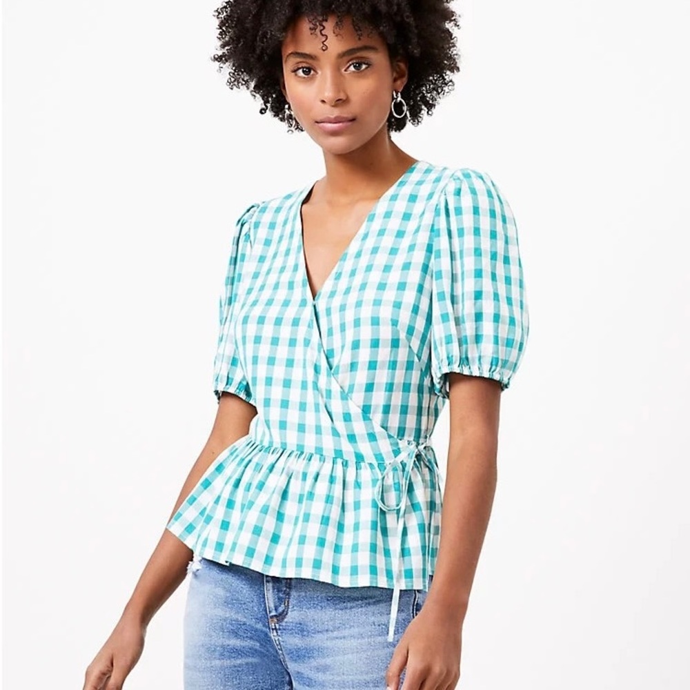 LOFT Gingham Wrap Top Peplum Short Sleeves Green Check Plaid Size Medium